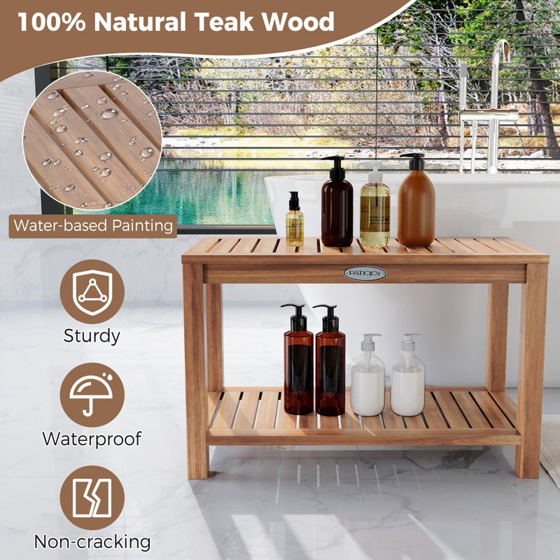 Teak Wood Shower Bench Inside Shower Stool w/ Storage Shelf for Adults, 18" H x 30" W x 12.5" D
