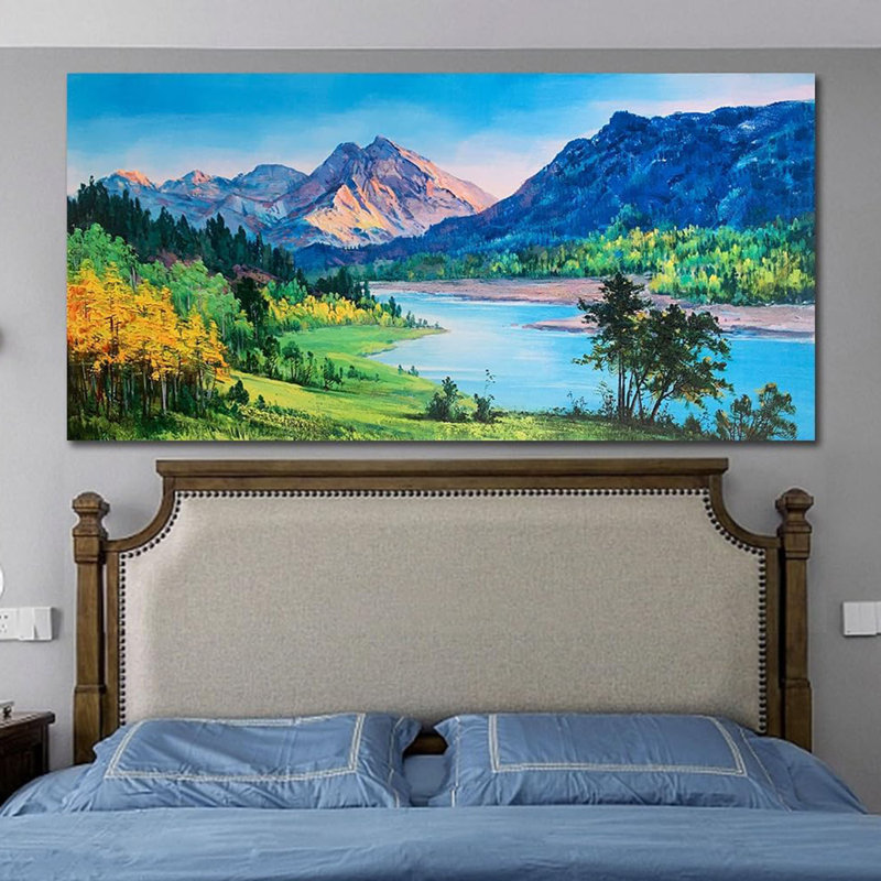 Montagne, art mural sur toile pour le salon, grandes peintures de la nature, décor mural, paysage, chambre à coucher, ruisseau panoramique, œuvre d'art pour le bureau à domicile, 40 po x 20 po