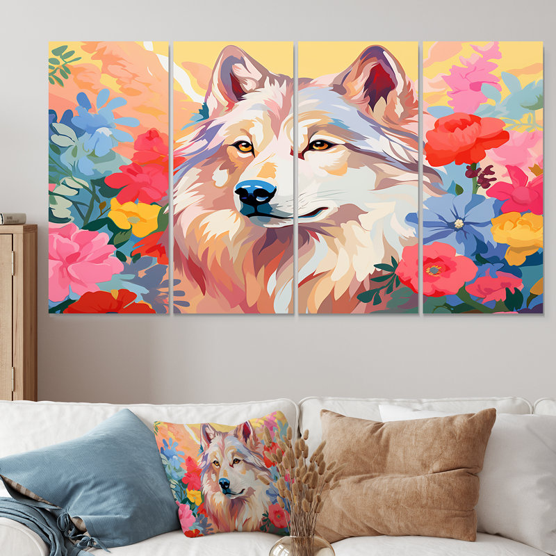 Impressionnant loups impressionnistes multicolores - loup, art mural 4 pièces pour le salon, H 28 po x l 48 po