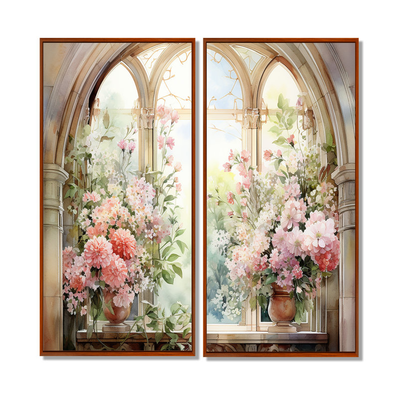 «Pink Blossoming Country Window Gaze V», art mural 2 pièces, 40" H x 40" W, Impression encadrée flottante, Brown