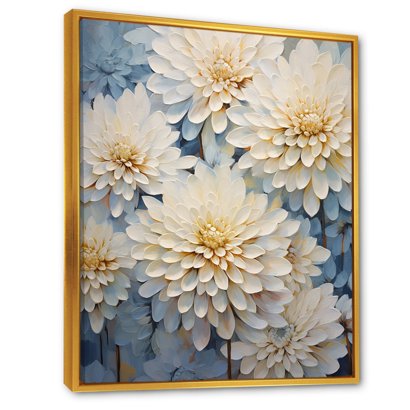 «White and Blue Mums Fragrant Elegance III», reproduction sur toile, Cadre flottant doré, 32" H x 16" W