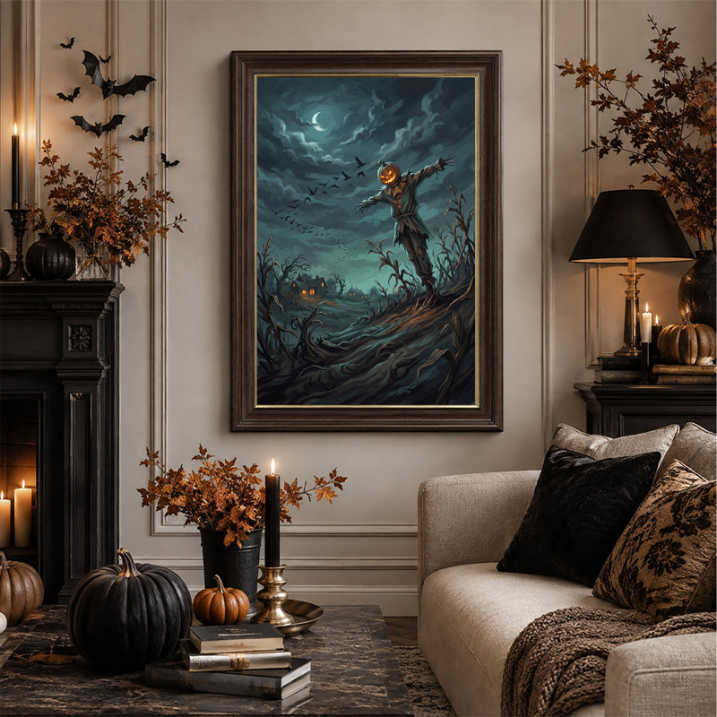 Épouvantail à tête de citrouille lumineuse sous la lune, tableau mural d'Halloween sur toile, H 18 po x l 12 po