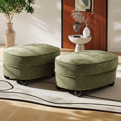 30" Oval Chenille Storage Ottoman with Round Solid Wood Legs (Set of 2)