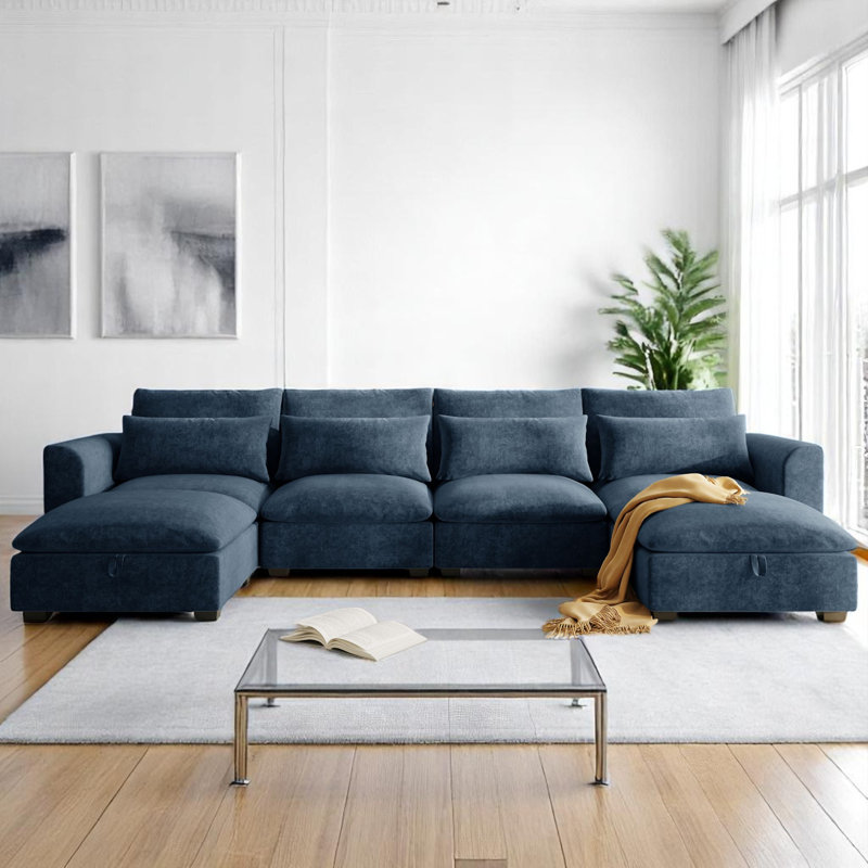 Canapé modulaire 6 pièces rembourré, Mélange de polyester / lin bleu