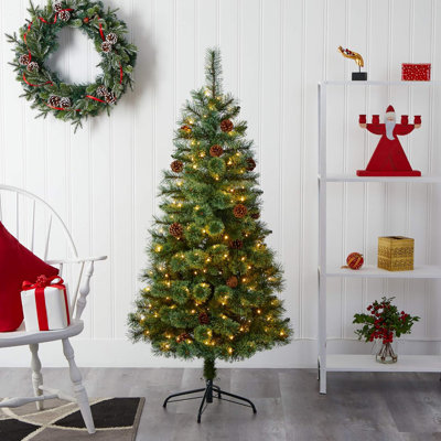  Arbre de Noël artificiel pin blanc avec lumières DEL et pommes de pin