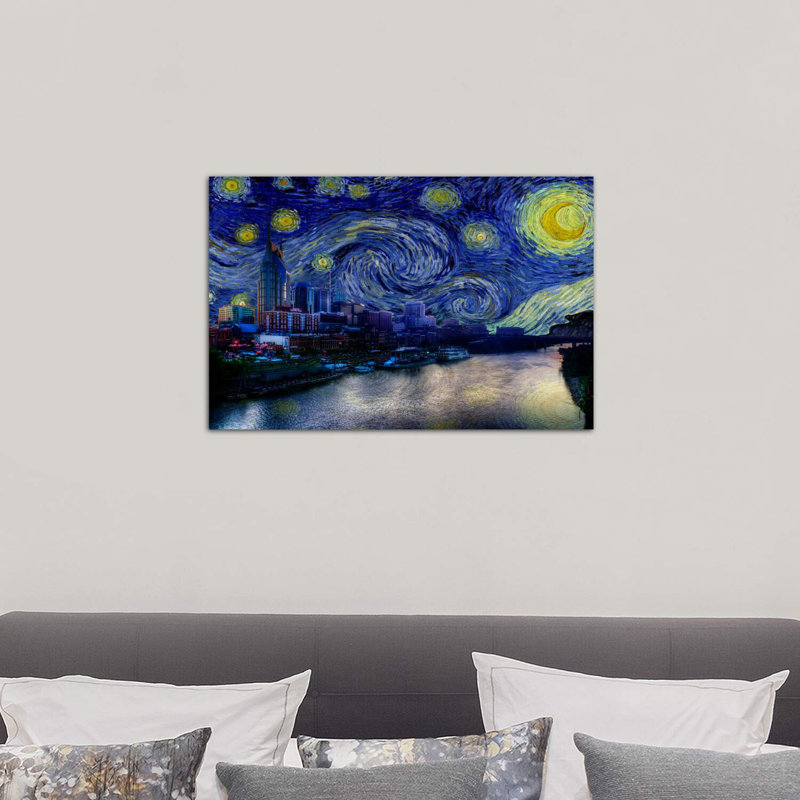 Nashville, Tennessee, nuit étoilée, impression d'art graphique, H 18 po x l 26 po x P 1,5 po, Toile tendue