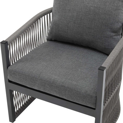 Modern Gray Curved Aluminum Lounge Chair With Stylish Rope-Weave Design And Cushioned Comfort, Perfect For Outdoor Living