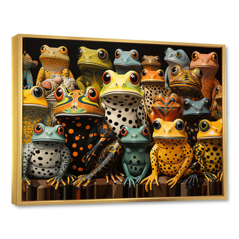 «Multicolor Pop Art Frogs I», reproduction d'art sur toile, Cadre flottant doré, H 16 po x l 32 po x P 1 po