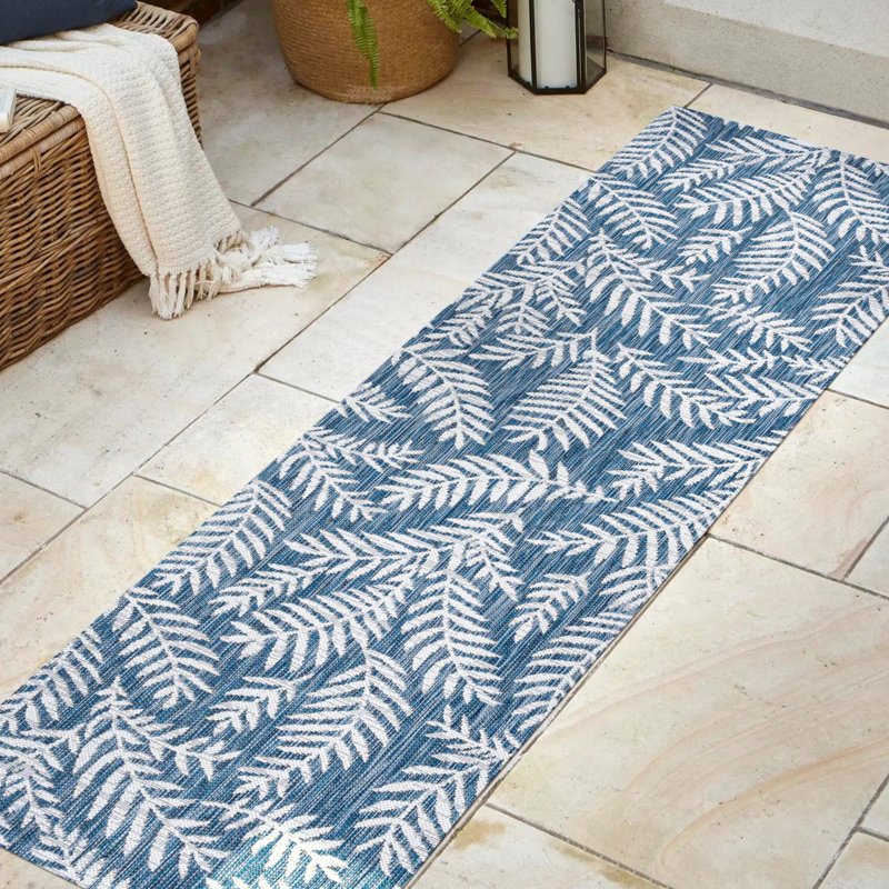 Mechling Nevis Palm Frond Navy/Ivory Indoor/Outdoor Rug, Runner 2'2" x 8'