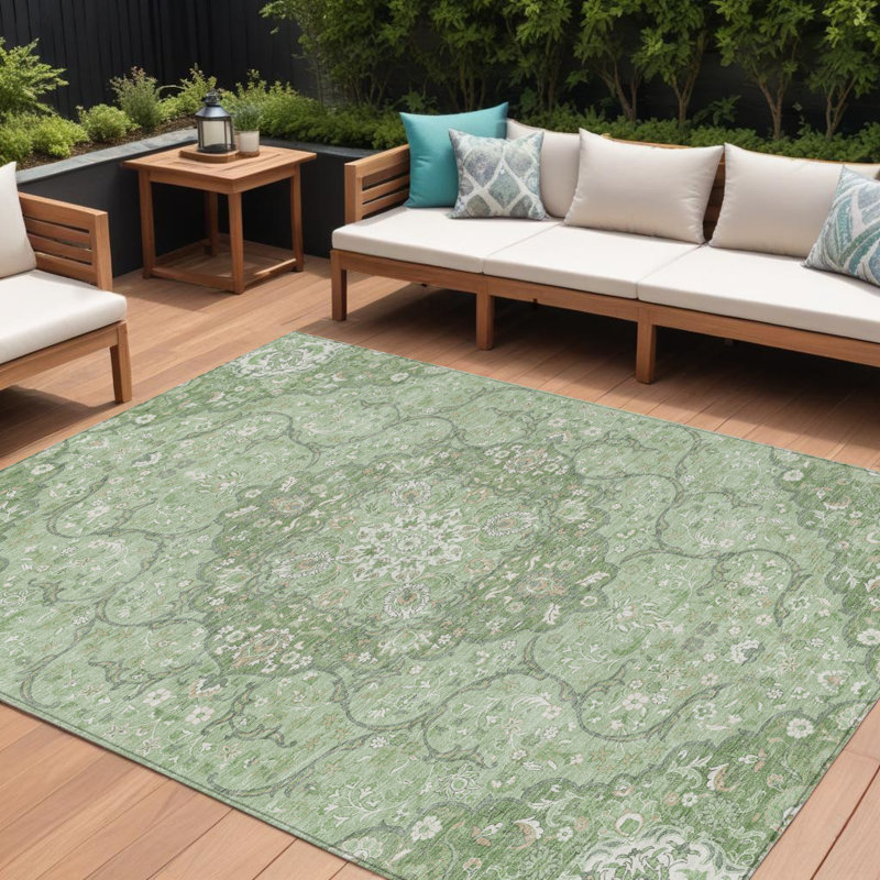 Tapis intérieur / extérieur 10 pi x 14 pi vert et ivoire à motif de médaillon lavable