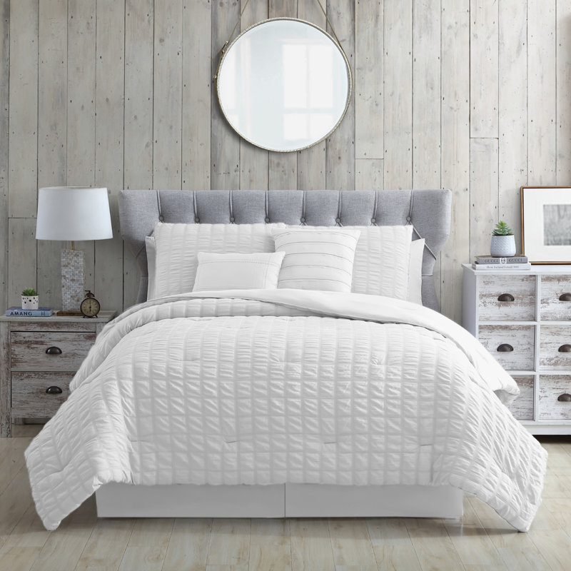 Courtepointe en microfibre Kane 5 pièces, Édredon très grand, 2 taies décoratives et 2 co, Blanc