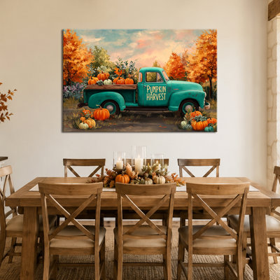 Art mural d'automne, art mural en toile de citrouille avec camion rétro, art mural d'automne en orange chaud et bleu sarcelle, décor rustique d'automne campagnard pour le salon, le vestibule ou la salle à manger, 28 po x 40 po