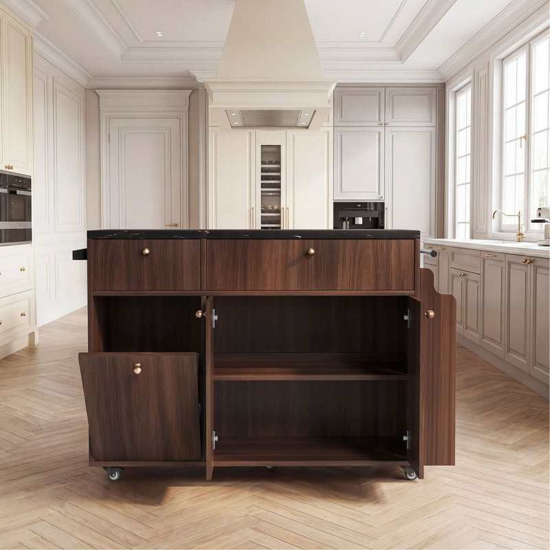 Kitchen Island with Storage Rolling Kitchen Island Cart with Drop Leaf Extension, Black Marble Top, Drawers, Spice Rack, Towel Bar, Mobile Kitchen Cart for Kitchen & Dining Room