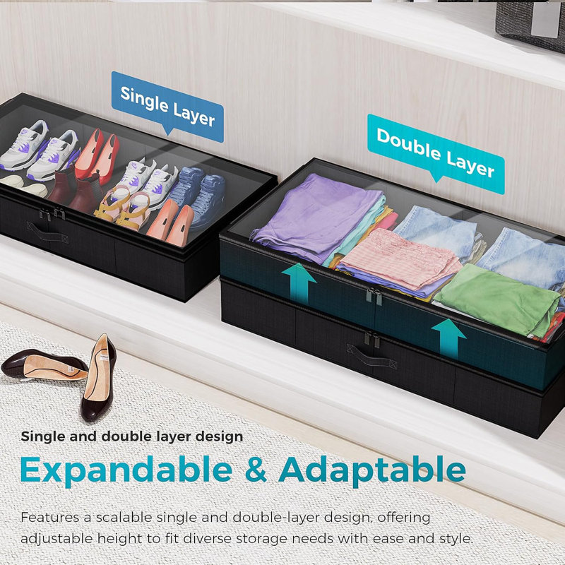 Contenants de rangement réglables sous le lit avec double couche, fenêtre transparente et côtés renforcés, Gris foncé