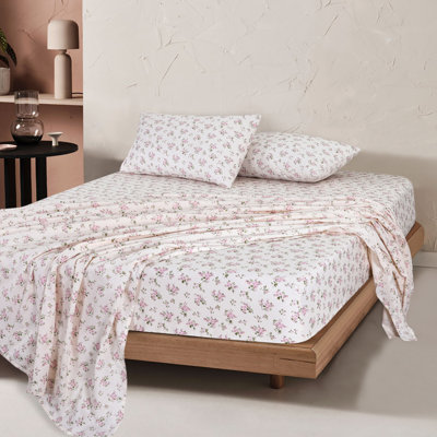 100% Cotton king Size Bed Sheets Set with Deep Pockets, Cozy Percale sheets with Elastic Fitted Sheet 4 Piece Bedding and Pillowcase set, Floral Pink