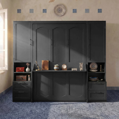 Queen Size Murphy Bed Wall Bed With Closet ,Drawers And Shelves-Oak Veneer