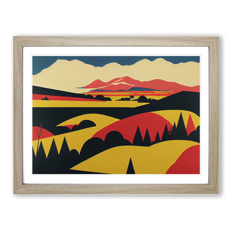 Pop Meadow Landscape - Framed Print, 25cm H x 34cm W x 2cm D, Oak