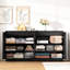 Meuble télé 4 portes cannelé noir avec prise de courant intégrée, armoire de rangement réglable pour 3 espaces média, rangement pour panneaux de particules, multifonctionnel et relaxant en famille