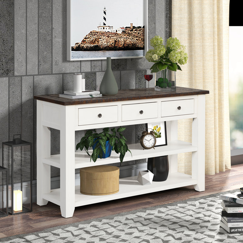 Console en bois de pin massif 48 po, table d'appoint moderne avec 3 tiroirs de rangement et 2 tablettes, Blanc antique