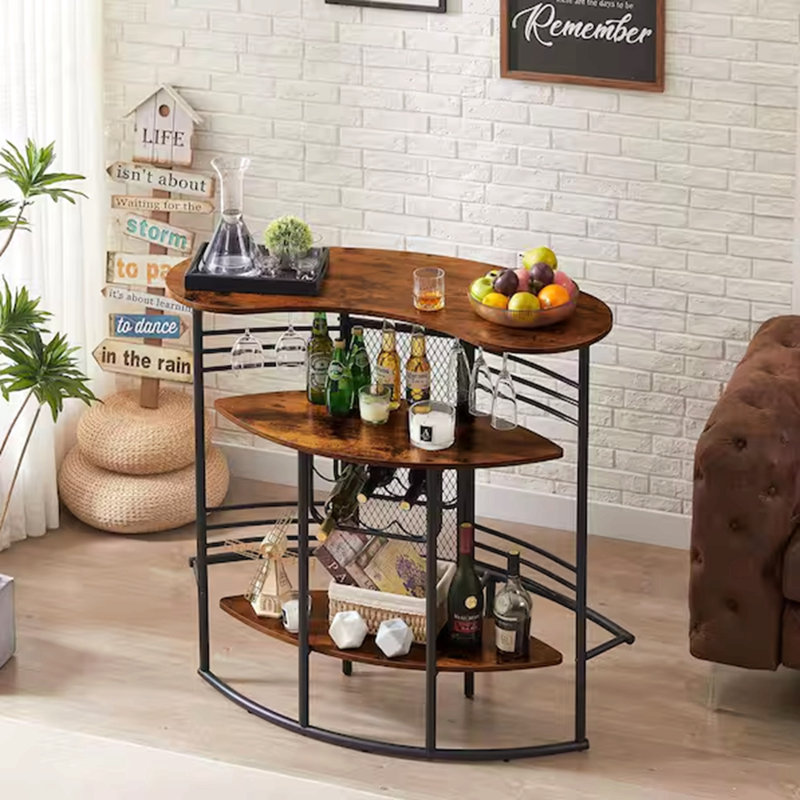 Table de bar ovale avec comptoir en bois et rangement pour bouteilles de vin, support à boulanger pour salle à manger, brun