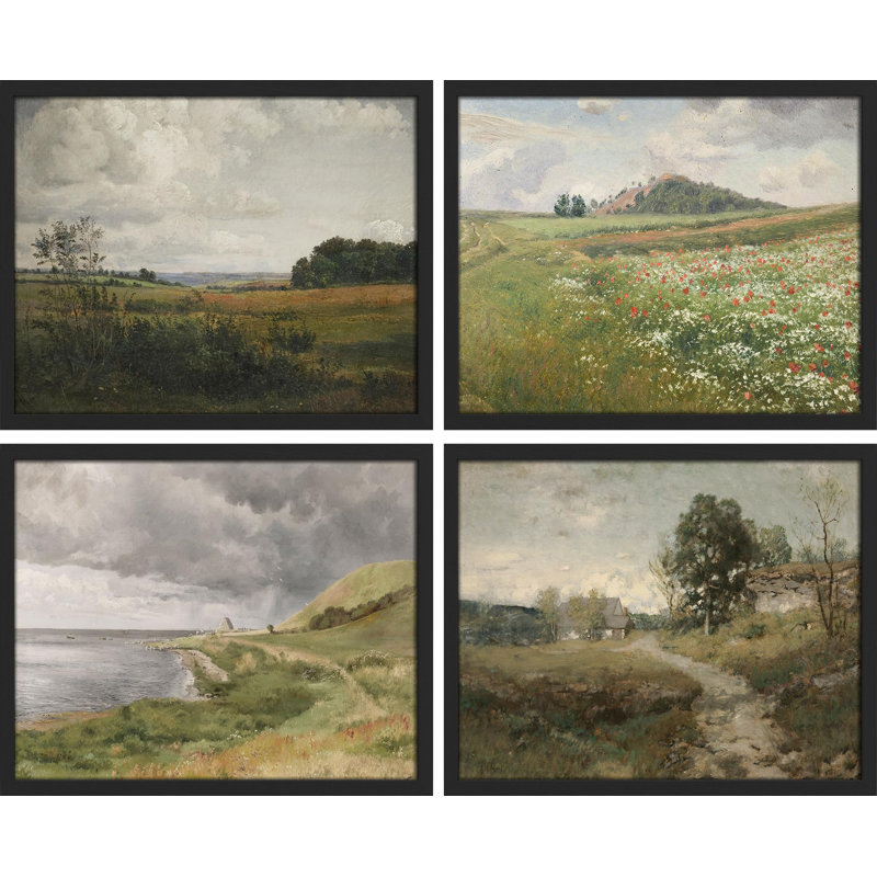 "Paysage champêtre de campagne", impression sur papier 4 pièces, Noir, H 12 po x l 16 po