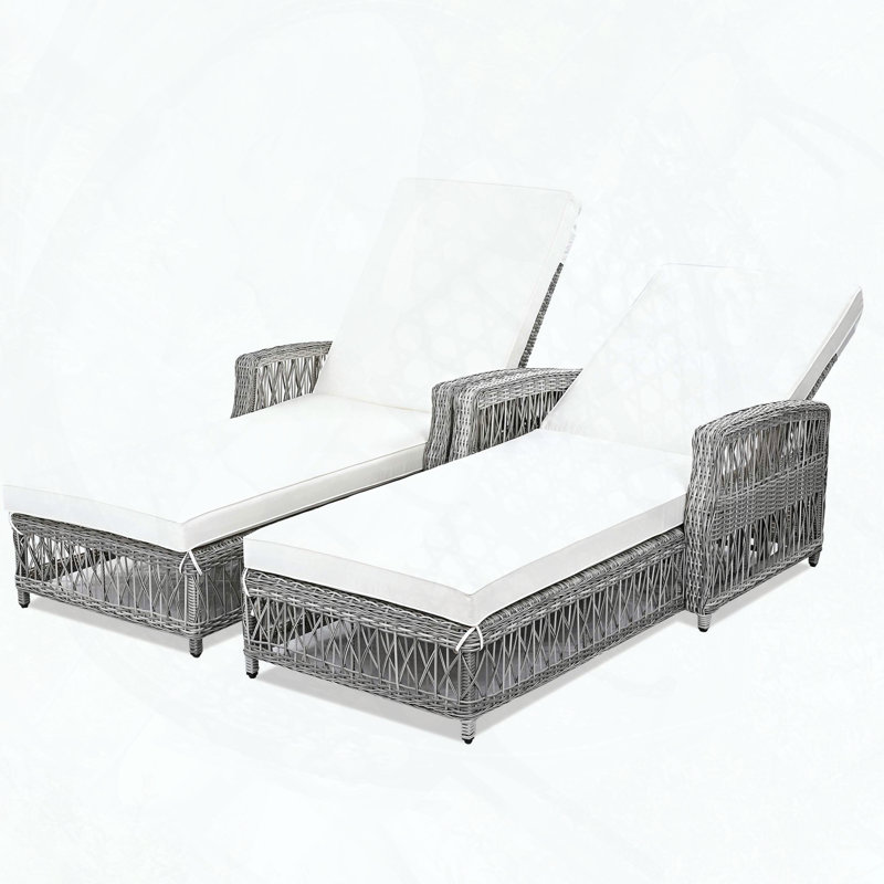 Ensemble de chaises longues 2 pièces en osier avec dossier et coussins réglables à 4 positions, Beige