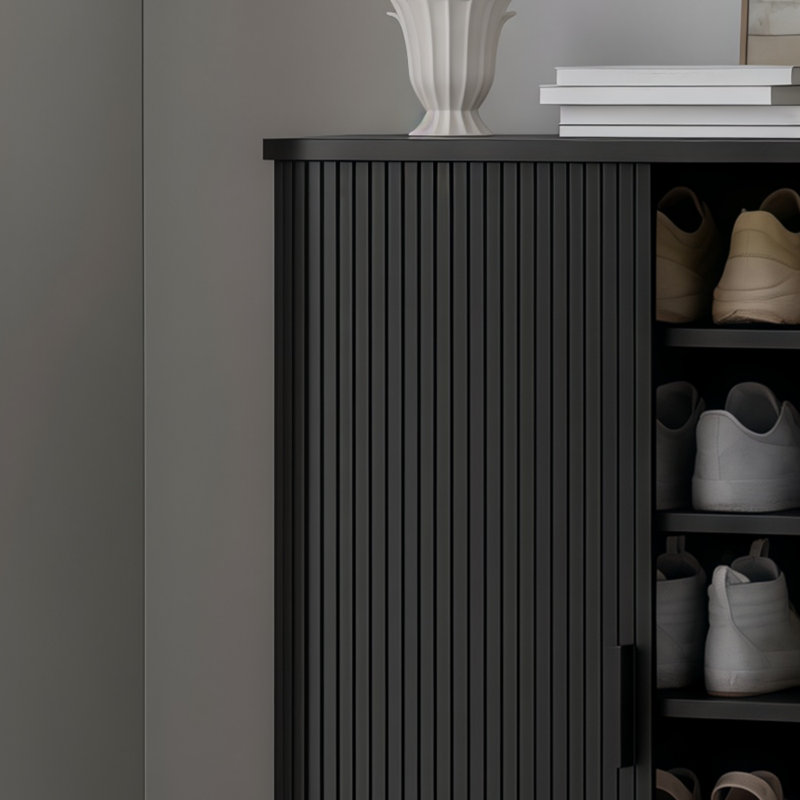 Black Medieval-Style Modern Shoe Cabinet With 6 Adjustable Shelves And Sliding Doors; Freestanding Design, Suitable For Various Spaces.