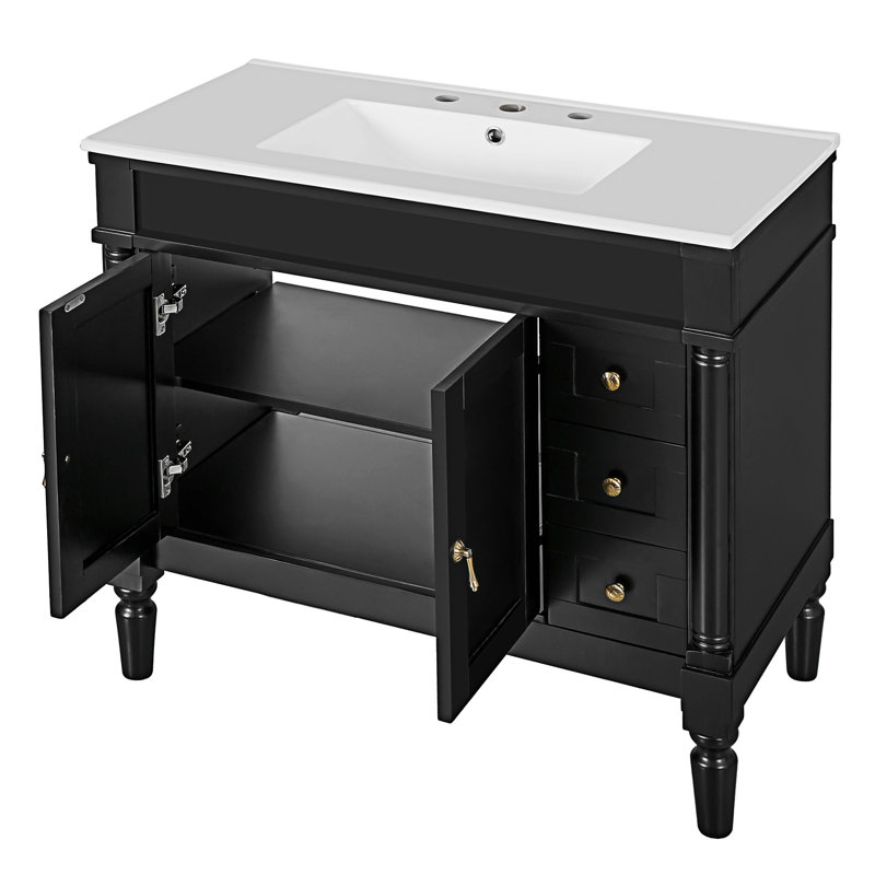 Meuble-lavabo de salle de bain avec lavabo en céramique, Noir, Doré