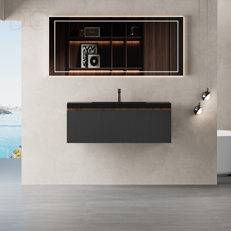 Meuble-lavabo mural de 36 po avec lavabo à fixation murale rayé avec tiroirs à fermeture en douceur et lavabo à quartz noir, entièrement assemblé