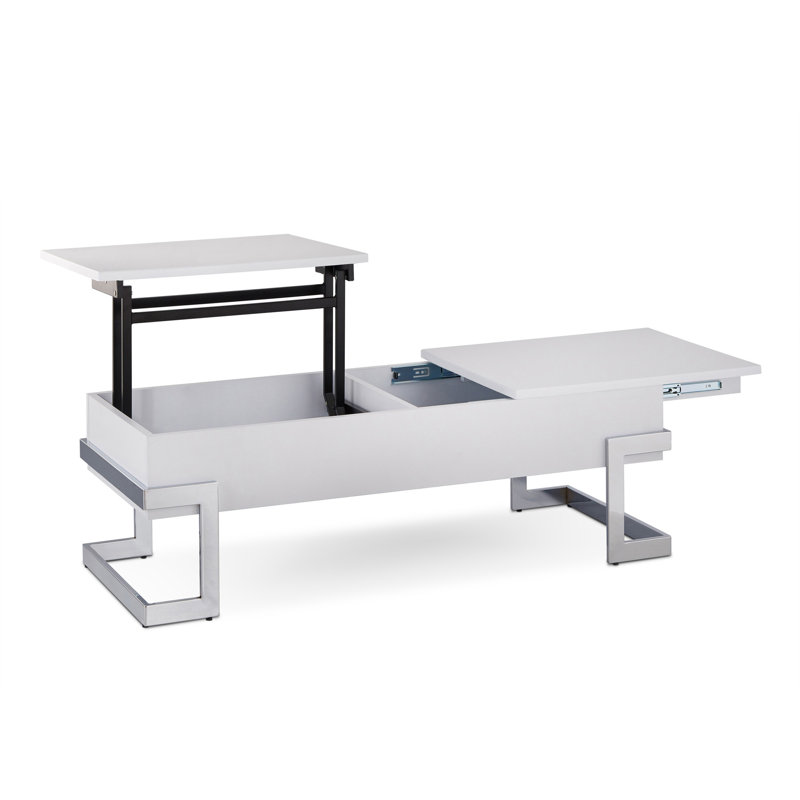 Table basse à plateau relevable blanc brillant et chromé, parfaite pour la vie moderne et le rangement peu encombrant., Blanc
