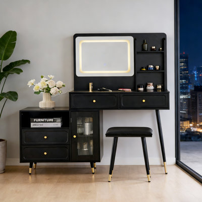 Ensemble de coiffeuse moderne avec miroir et lumières, coiffeuse rétractable avec tiroirs, armoire, prise de courant