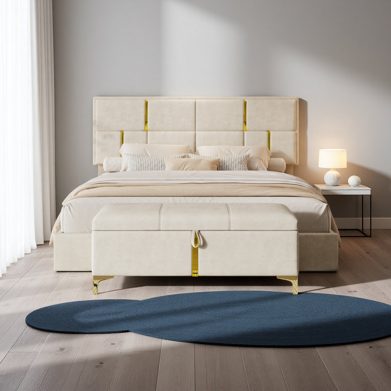 Ensemble de chambre à coucher 2 pièces, lit plateforme tapissier grand avec système de rangement hydraulique, repose-pieds avec pieds en métal