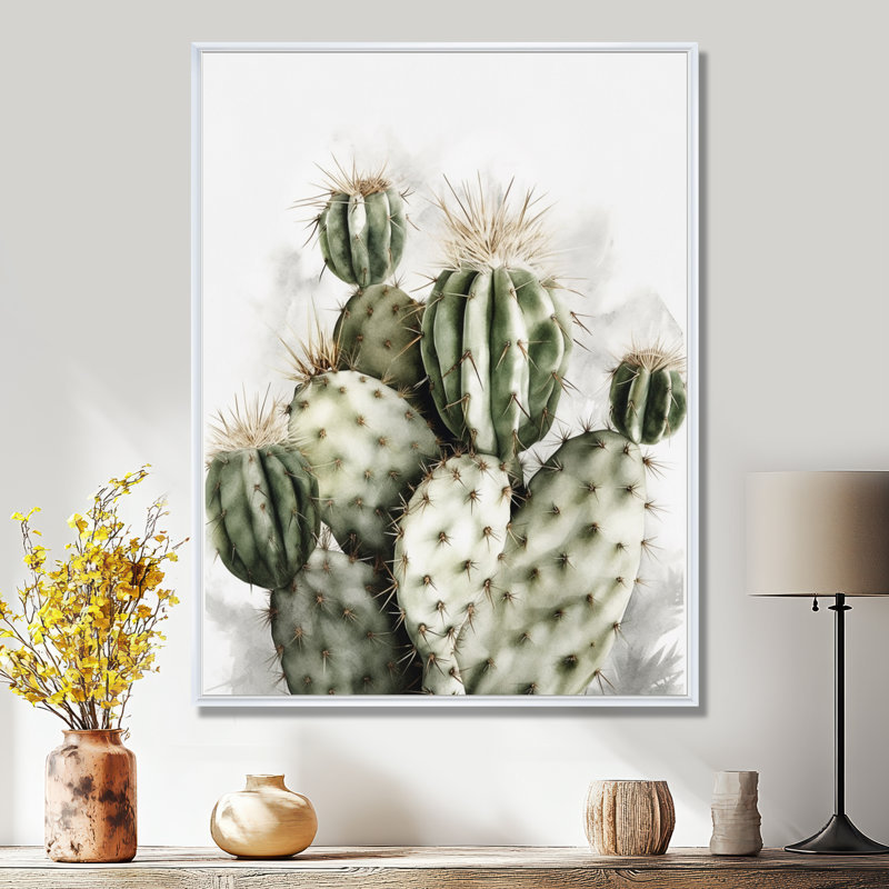 «Lincoln Desert Green Flower Cactus» sur toile, H 44 po x l 34 po, Cadre flottant blanc