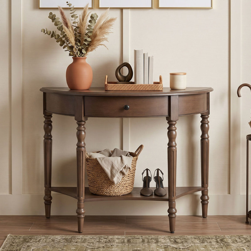 Console en demi-lune de style champêtre avec tiroir et tablette inférieure, table d'entrée pour salon, couloir ou hall d'entrée