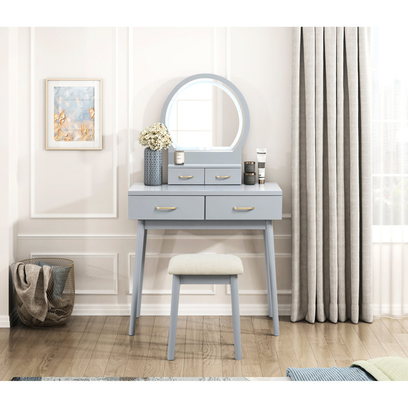 Modern Gray Vanity With Led Mirror, 4 Drawers And Matching Stool For Bedroom Function Comfort Balance Elegant Dresser Finish, Lighted Visual Appeal