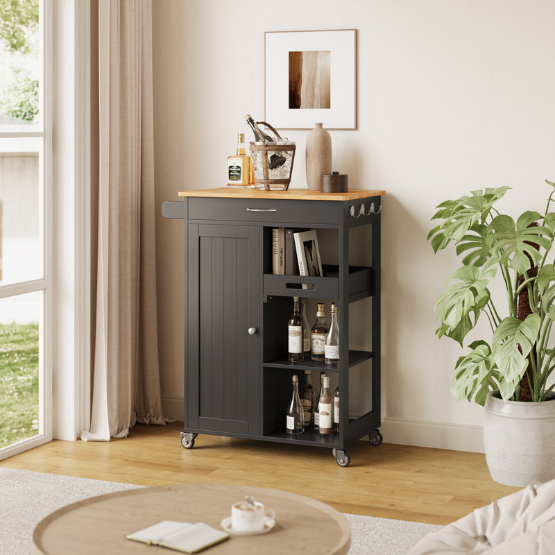 Solid Wood Top Kitchen Island Cart with Wheels, Drawers, Storage Cabinet, Towel Rack & Hooks, Black