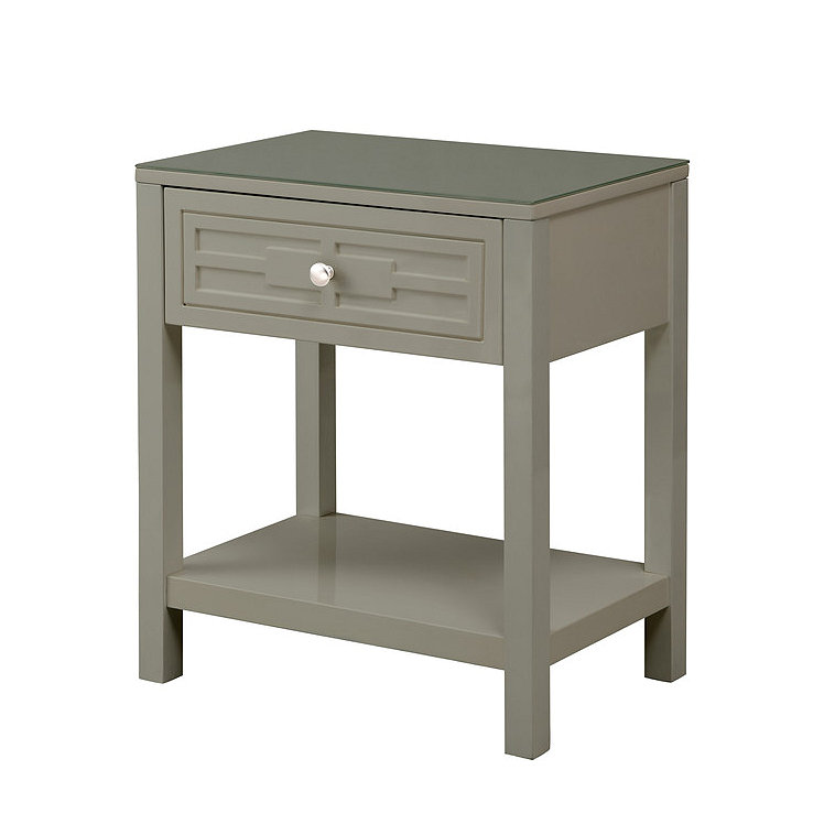 23"W Wooden End Side Table Nightstand With Glass Top And Drawer