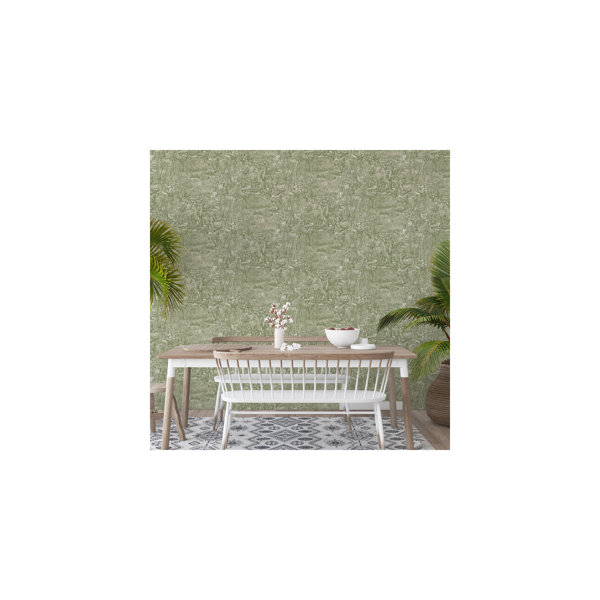 Jungle Toile Peel and Stick Wallpaper, Moss Green Toile, 16.5" L x 20.5" W