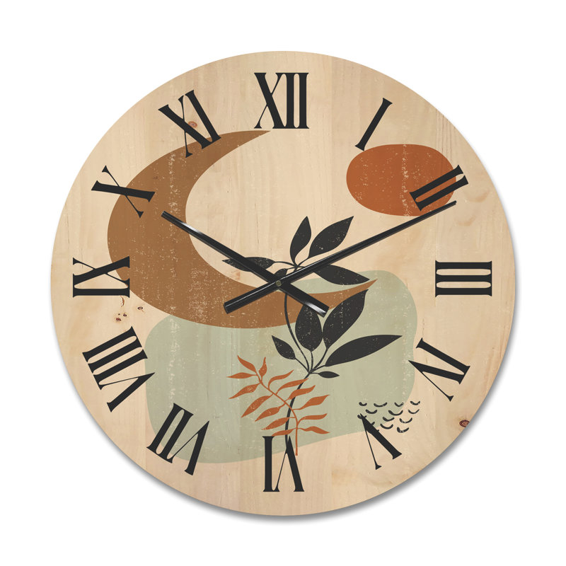 Horloge murale abstraite soleil et lune avec un minimum de plantes, Moyen