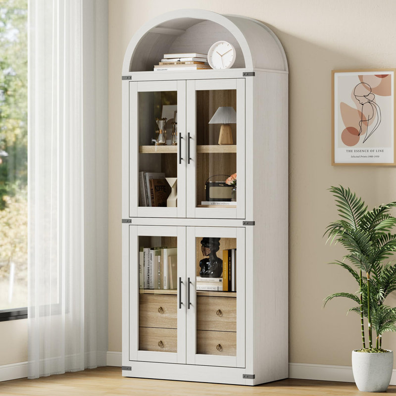 Arched Bookshelf with Doors and Drawers Farmhouse Bookcase 15.83in Depth Display Storage Shelves 71.4in Tall Wooden Display Cabinet Rounded Bookcases