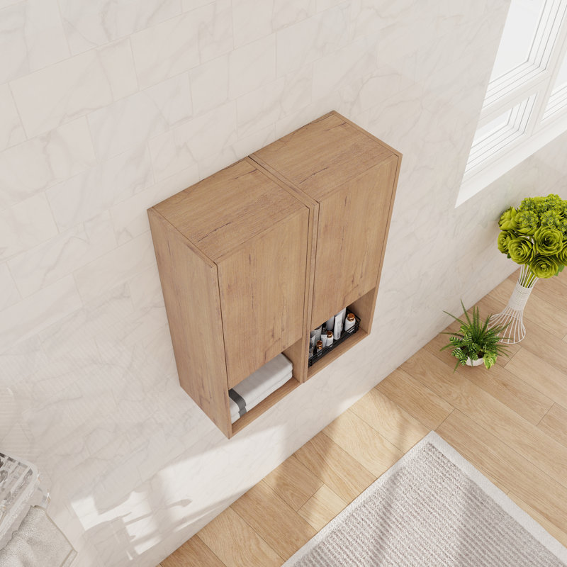 Wall Mounted Bathroom Side Cabinet With Soft Close Door And Shelf, Natural