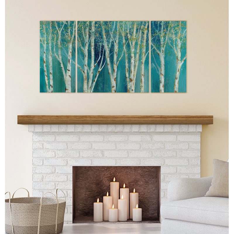 Bouleau sur fond bleu - Image multi-pièces sur toile, H 24 po x l 48 po x P 1,5 po