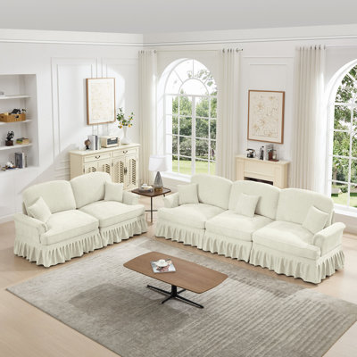 Classic 2 Piece Modular Couch Living Room Sofa Set With Flared Arms And Removable Ruffles Pleats Skirts And Spindle Legs, Sofa + Loveseat Sofa Sets For Living Room