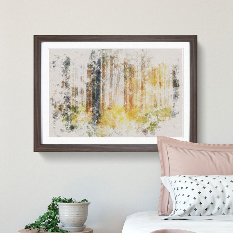 Rays of Light Through an Autumn Forest Watercolour - Picture Frame Graphic Art Print, Walnut Framed, 36cm H x 48cm W x 2cm D