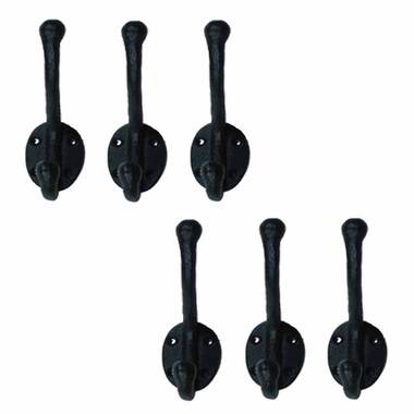 Renovators Supply 6 Wrought Iron Double Hook Black for Coats Towels Robes