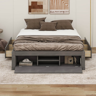 Queen Size Wood Platform Bed With 4 Underbed Drawers And Hydraulic Lift Footboard Storage