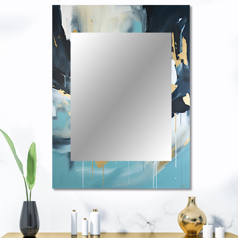 Or et bleu abstrait expression 2 - peinture abstraite grand miroir, décor de miroir mural unique et moderne, impression d'art en métal