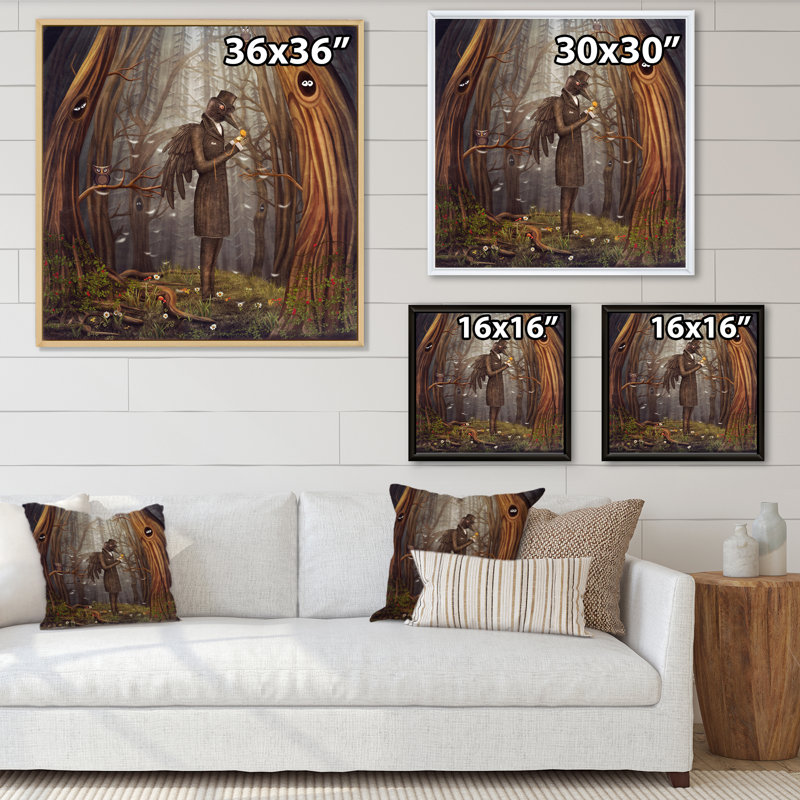 Raven Man In Forest - Nouveauté, reproduction d'art sur toile, Cadre flottant en érable, H 36 po x l 36 po x P 1 po