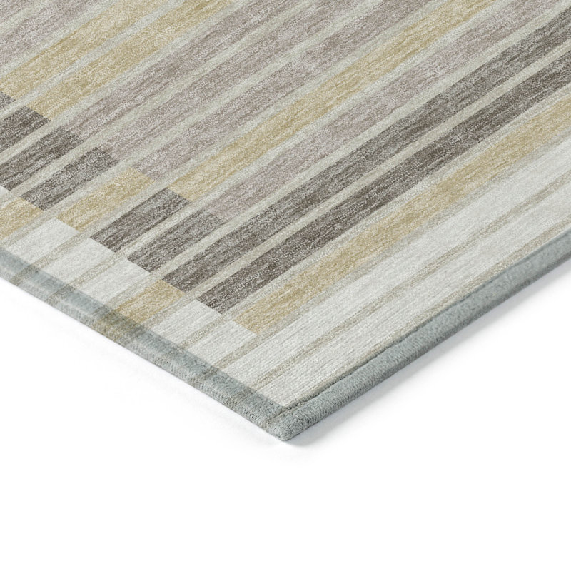 8' Ivory And Beige Round Striped Washable Indoor Outdoor Area Rug
