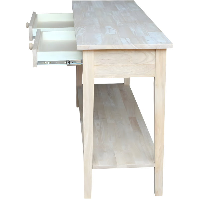Solid Parawood Console-Server Table With Extended Length, Unfinished DIY Design, Paint Or Stain Ready, Includes Shelf And Drawers